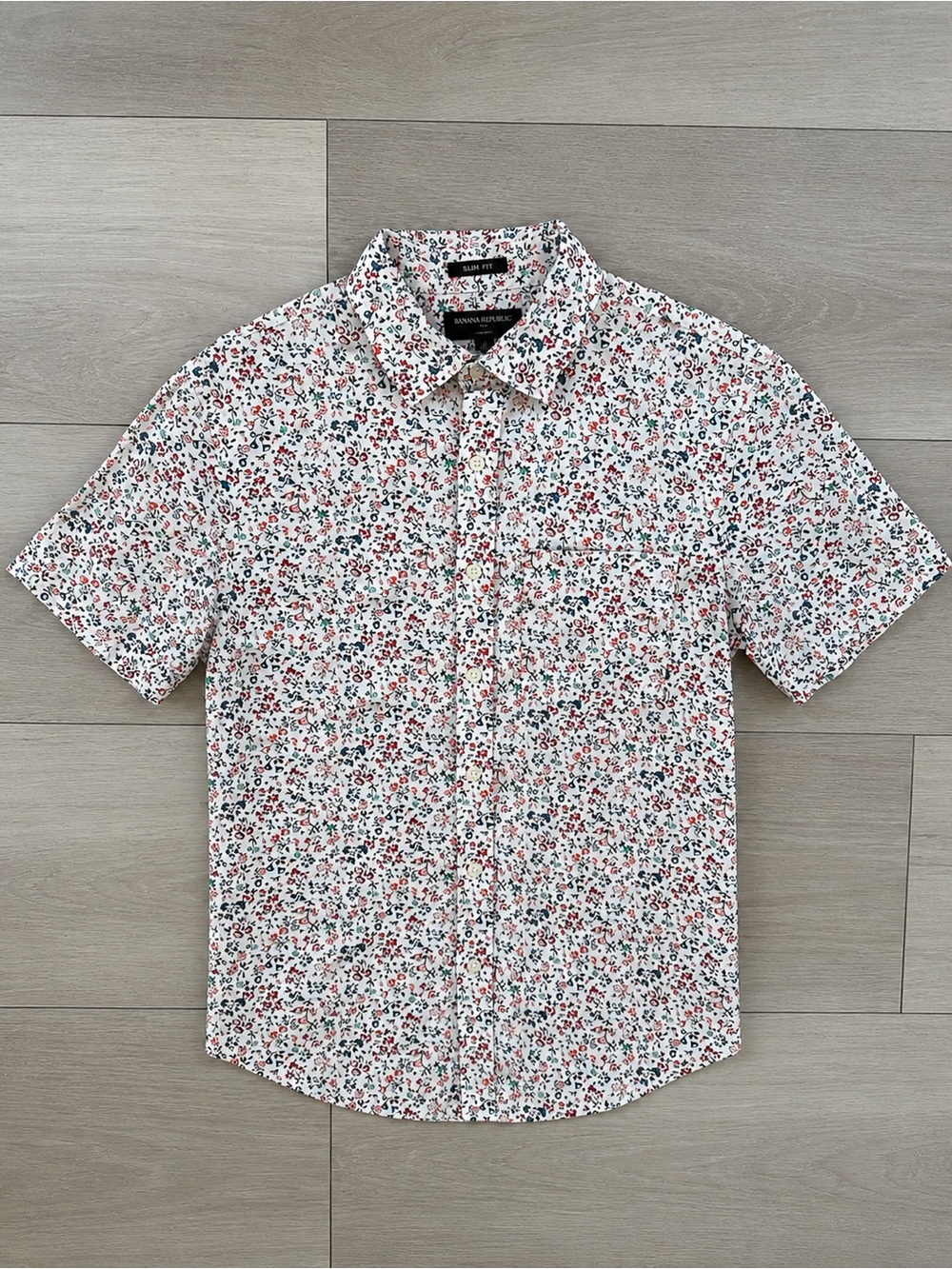 Banana Republic Shirt Men’s Small White Floral Slim Fit Linen Short Sleeve